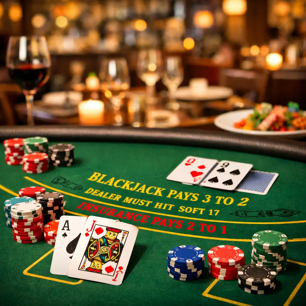 Blackjack asztal, kártyák és zsetonok, a háttérben elmosódott étterem
