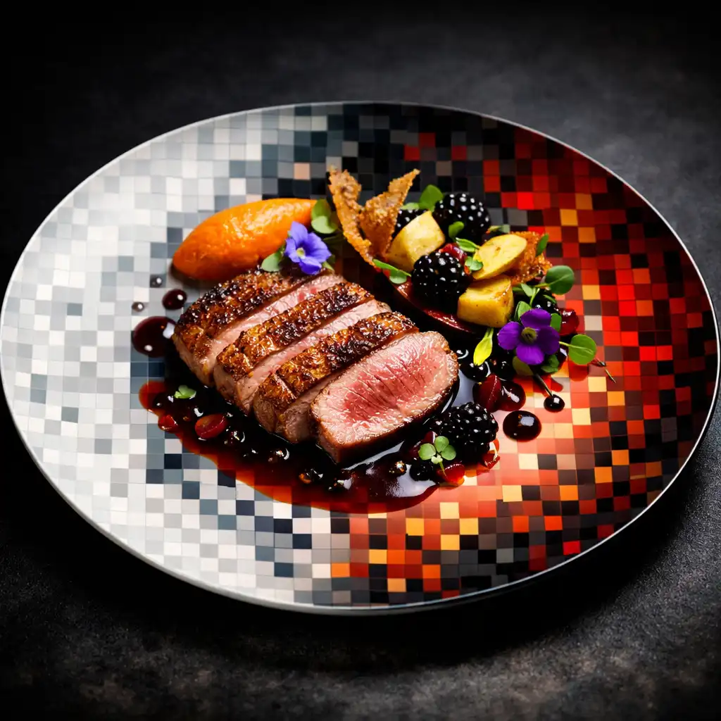 Gourmet fogás, például kacsamell, művészi tálalásban, pixelmintás tányéron