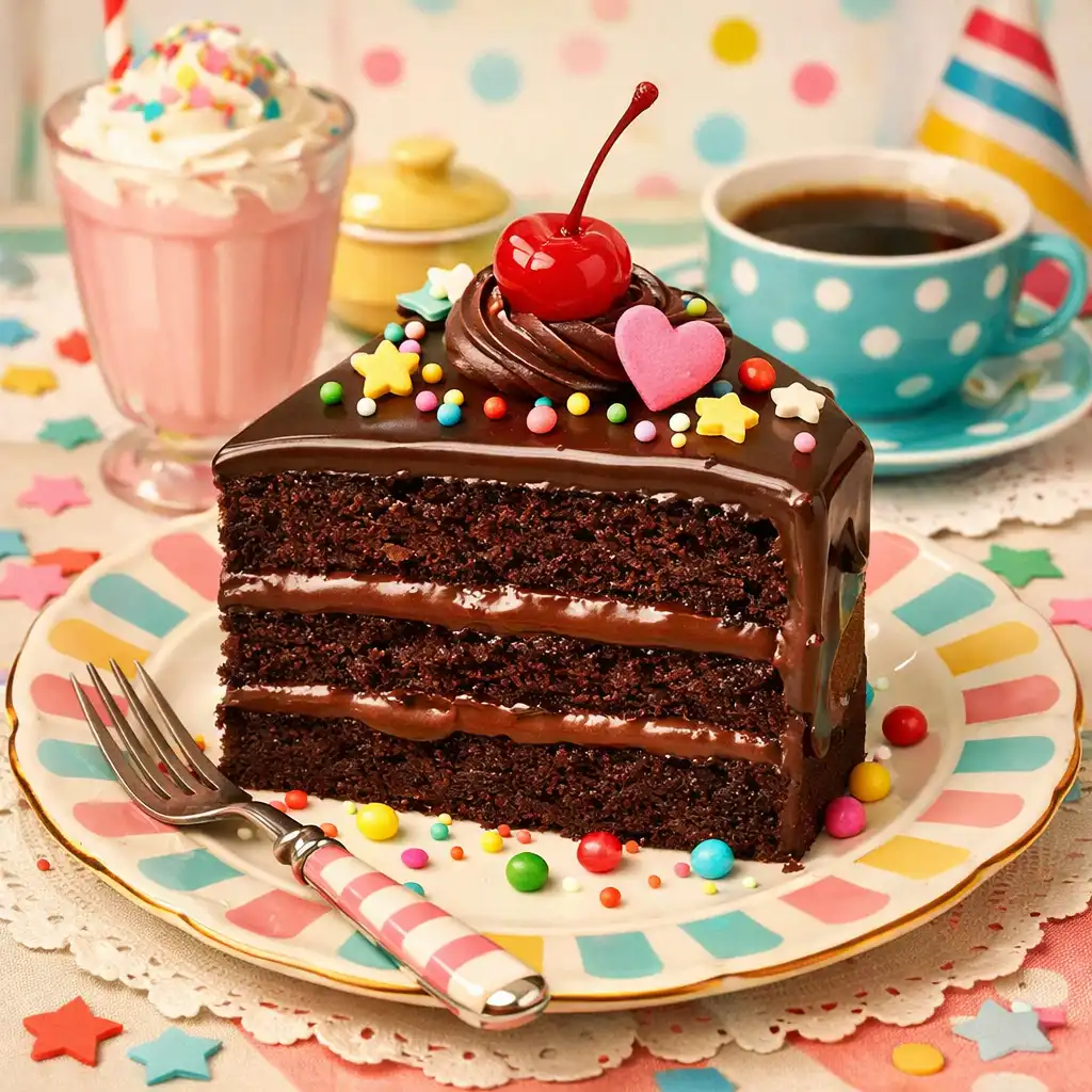 Desszert, például csokoládétorta, retro stílusú tálalásban, színes díszítéssel