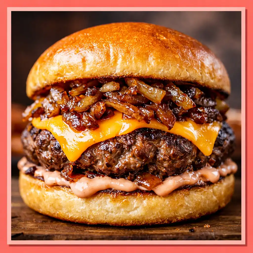 Gourmet Burger marhahússal, cheddar sajttal, karamellizált hagymával és házi szósszal