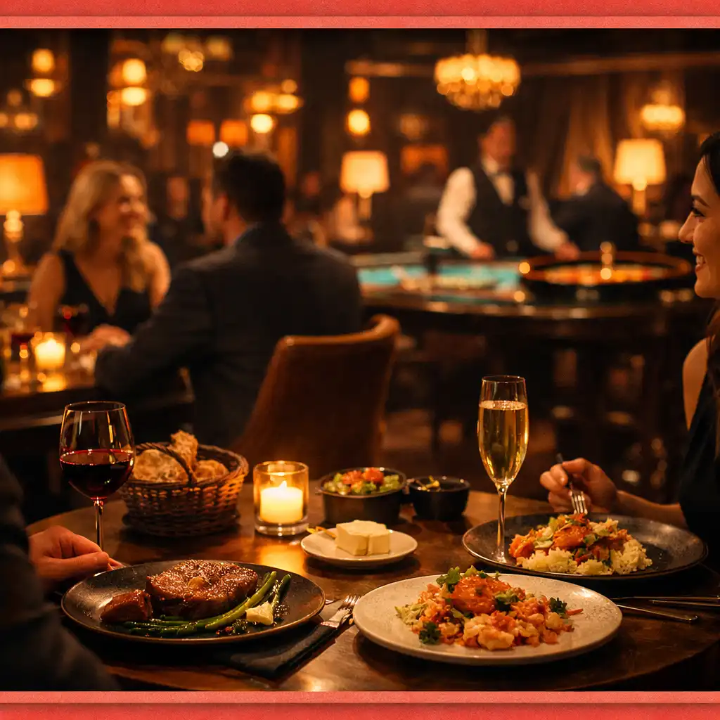 A Gourmet Dining Place étterem hangulatos esti látképe, a háttérben finoman kivehető kaszinóasztalokkal