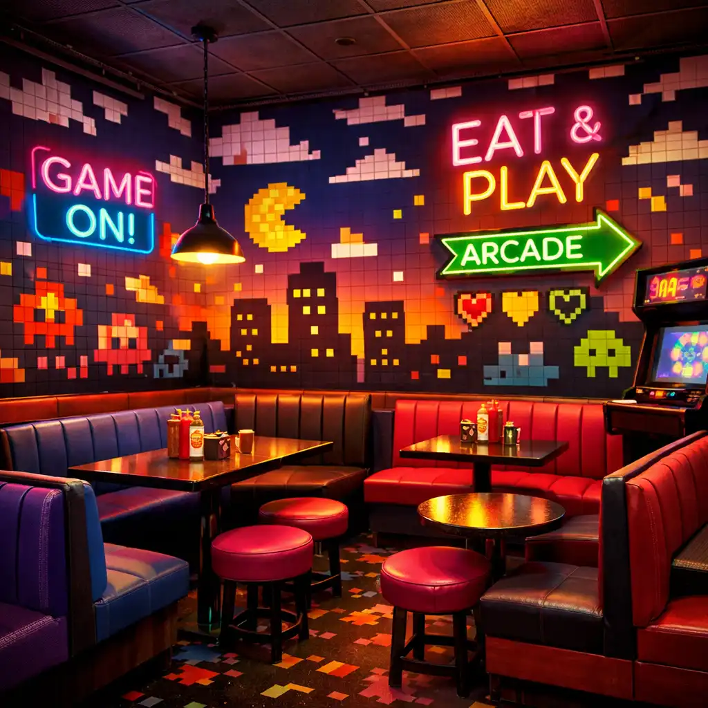 Étterem belső tér, retro arcade dizájn, pixelmintás falak, neon feliratok, kényelmes ülőhelyek