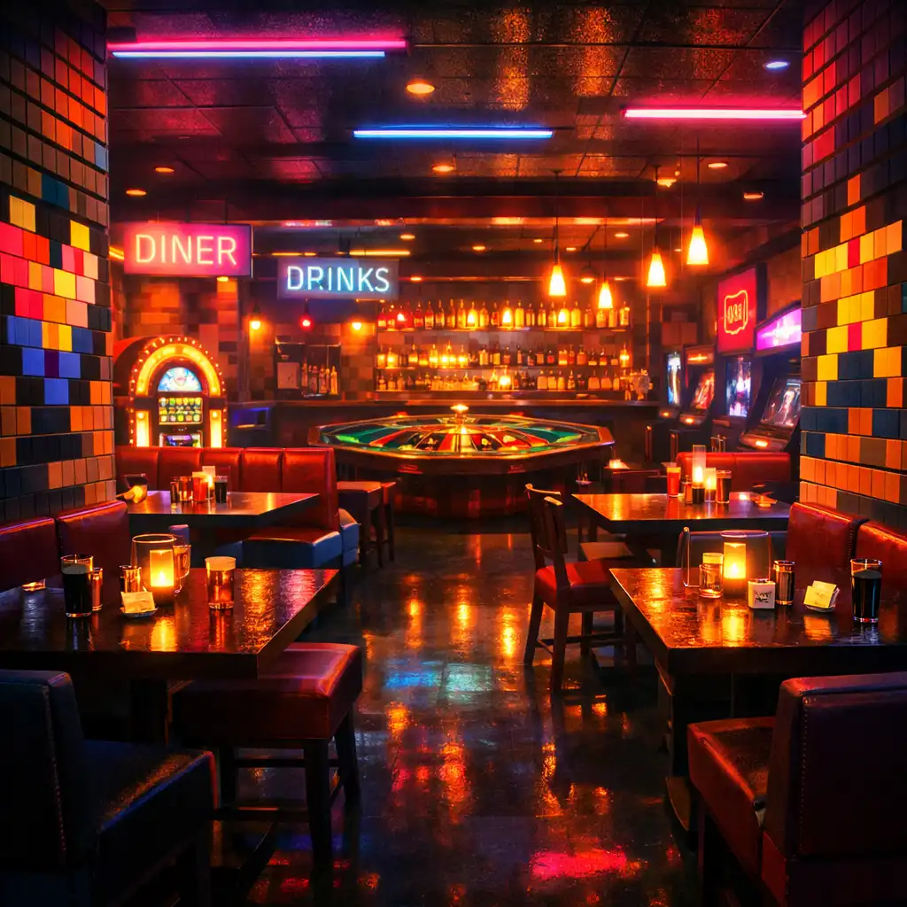 Atmoszférikus étterem belső tér este, retro arcade stílusban, a háttérben halványan kivehető rulettasztal