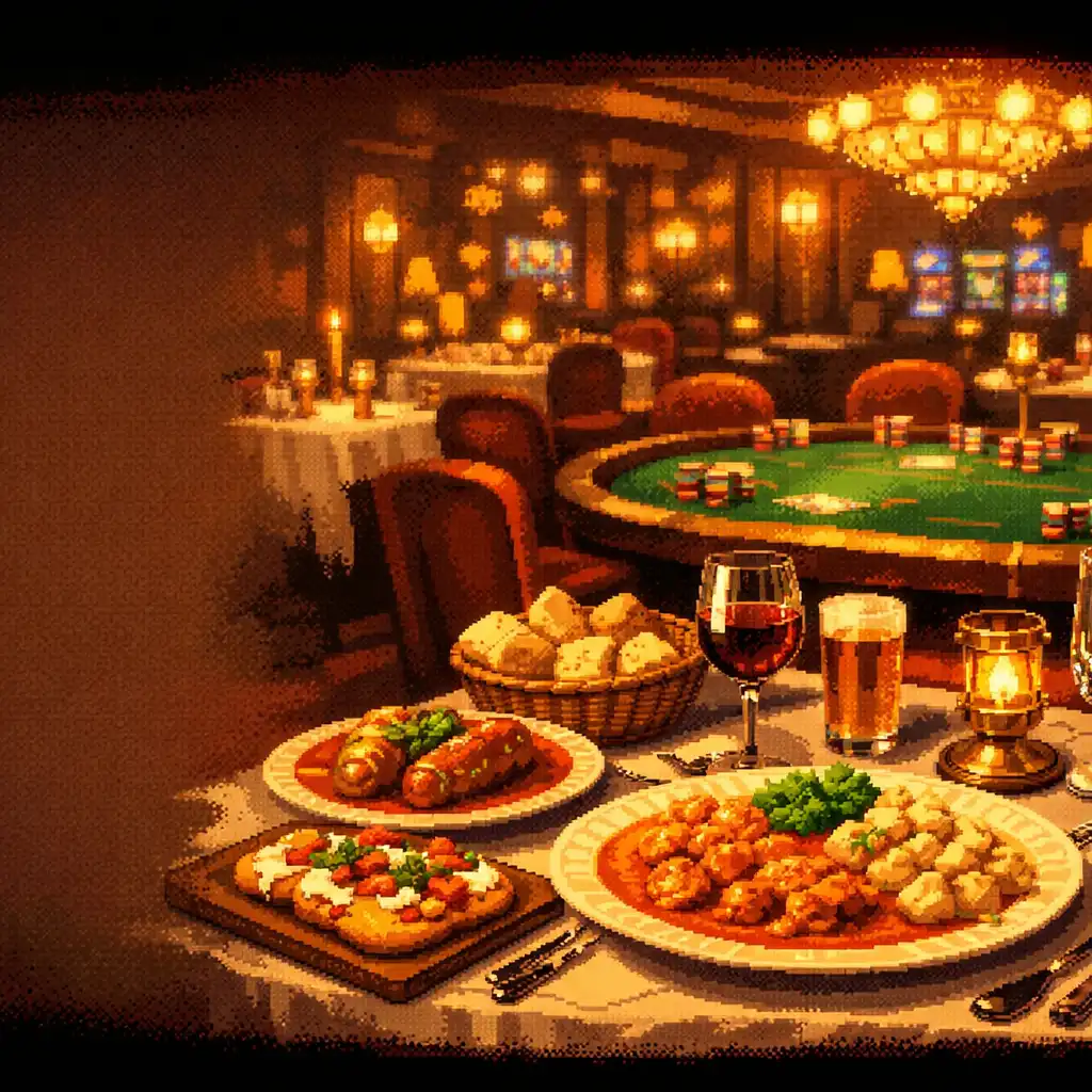 Esti étterem hangulata a Gourmet Dining Place-ben, meleg fényekkel és terített asztalokkal