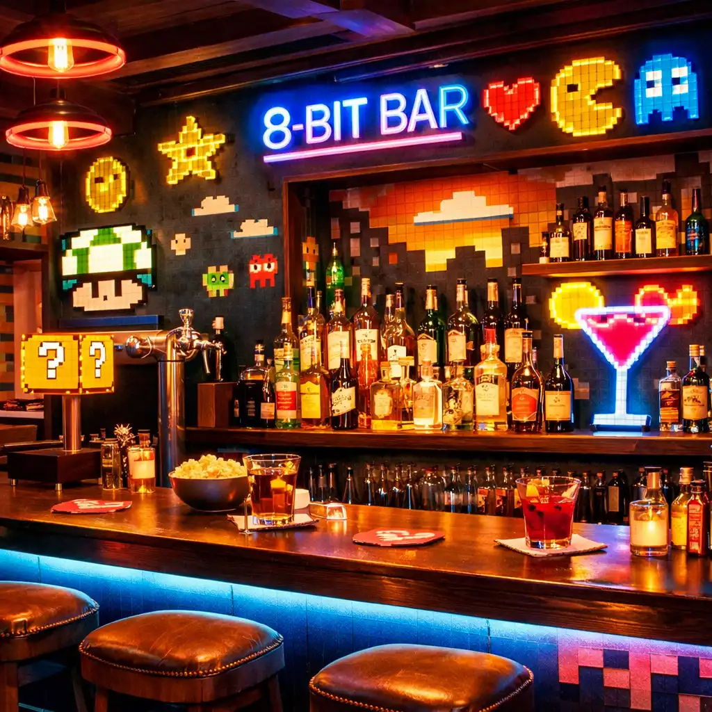 Étterem belső tér, a bárpult környéke, retro pixelmintás dekoráció, neon fények
