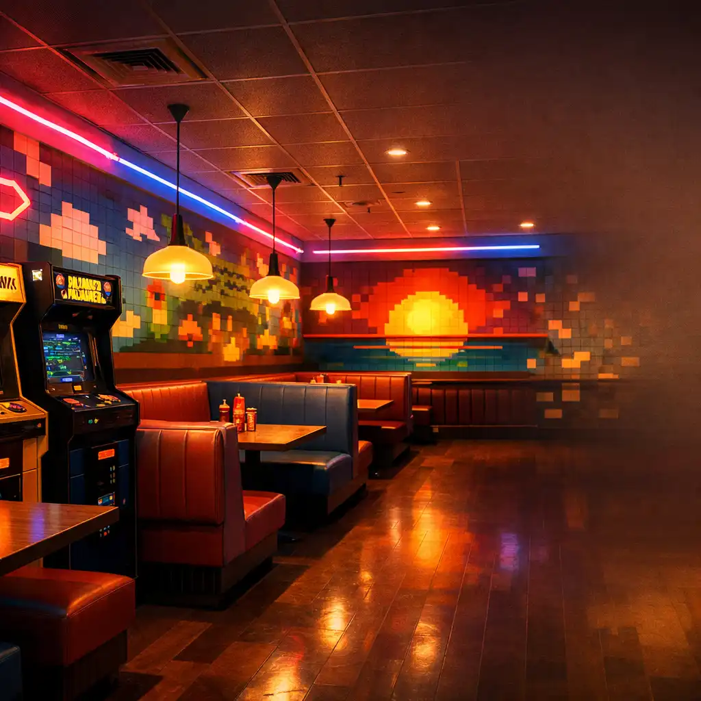 Az étterem belső tere pixelmintás falakkal, neon fényekkel és retro játékautomatákkal