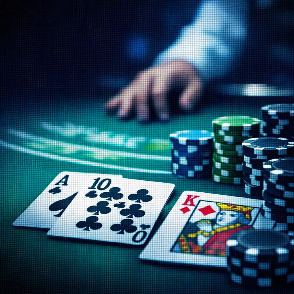 Blackjack asztal kártyákkal és zsetonokkal, éles kontraszttal