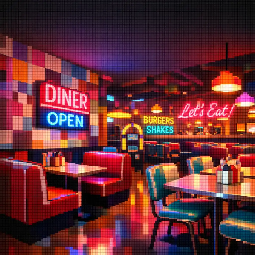 Az étterem belseje pixel-mintás tapétával, neon feliratokkal és kényelmes ülésekkel